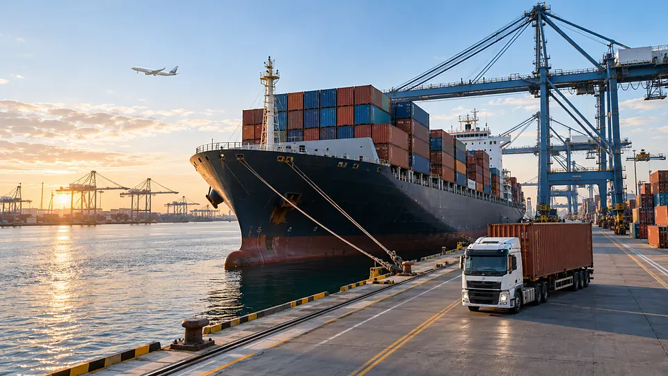 Navio porta-contêineres atracado, guindastes e caminhão no porto
