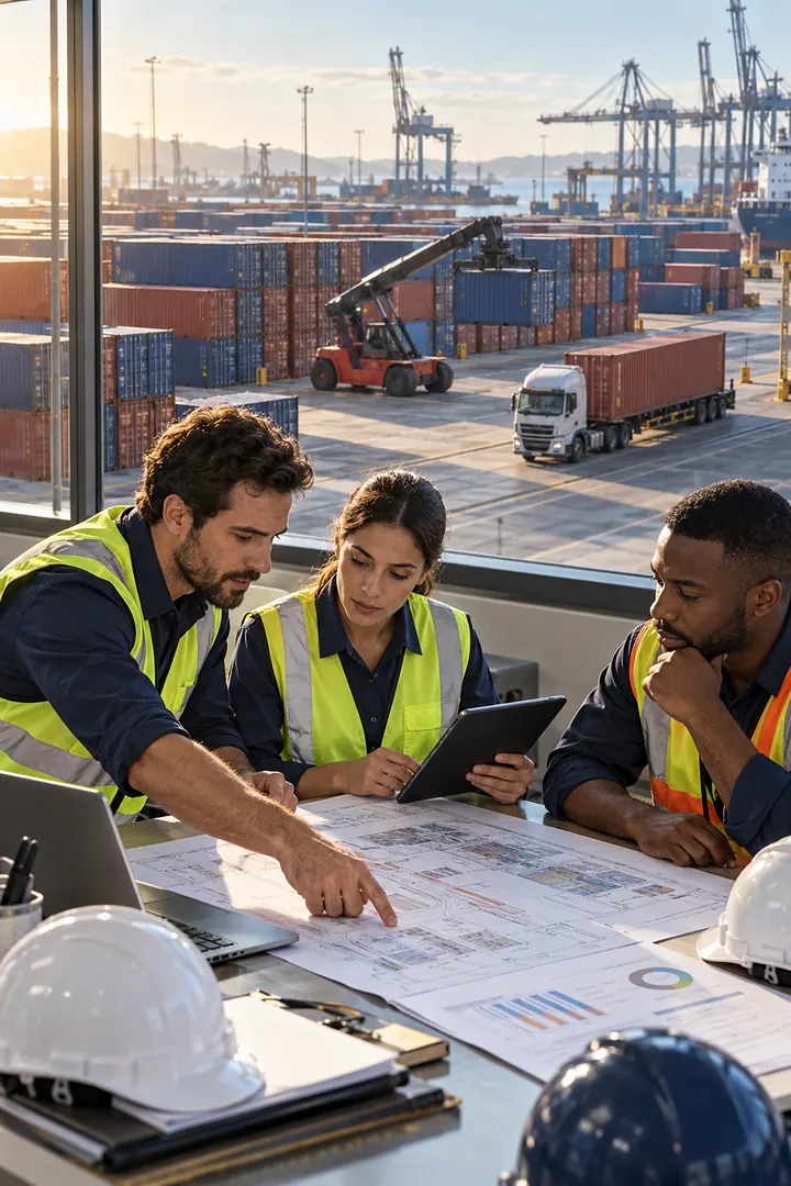 Equipe analisando plantas de um projeto em escritório com vista para o terminal de contêineres